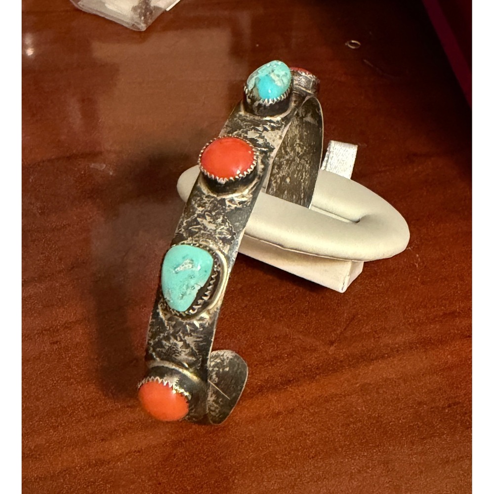 Vintage Native American Style Sterling Turquoise Coral Cuff Bracelet 20.3g